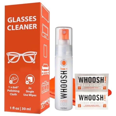 WHOOSH! Glasses Cleaner Spray - 1 fl oz + 1 Microsuede Cloth + 2 Screen Wipes, Travel Size Eyeglass Cleaner for Sunglasses, Laptop Screen Cleaner for MacBook, Computer - Glasses Cleaning Kit Cover