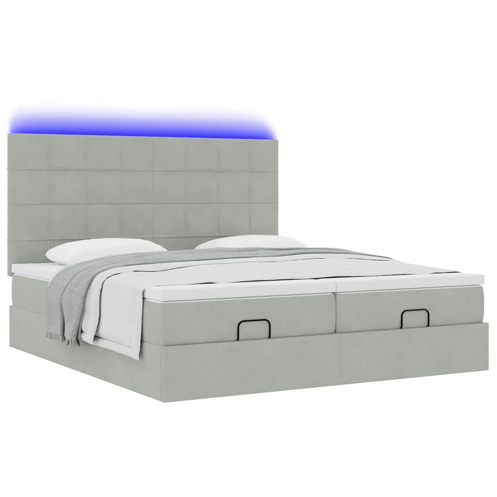 Łóżko otomana z materacami i diodami LED, jasnoszare, 160 x 200 cm, aksamitny materiał, duża przestrzeń do przechowywania, materac ze sprężynami kieszeniowymi, wygodna nakładka na materac do