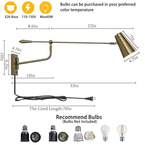 Image of Rotatable Activity Adjustable Direction Swing Arm Wall Lamp, Dual Power Modes Plug-in /Hardwired, Indoor Large Gold Wall Mounted Lights for Bedroom Living Room Dining Room, E26 Bulb