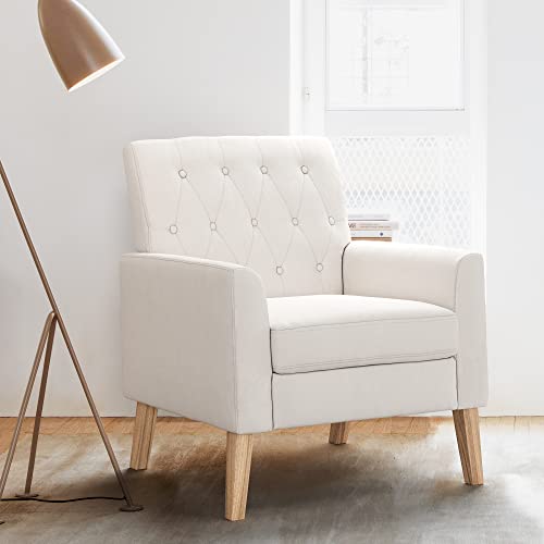 Lue Bona Beige Linen Accent Chair 18.5" H, Upholstered Button Tufted Armchair, Comfy Living Room Chair With Arms, Modern Arm Chairs For Living Room, Bedroom #TOP17