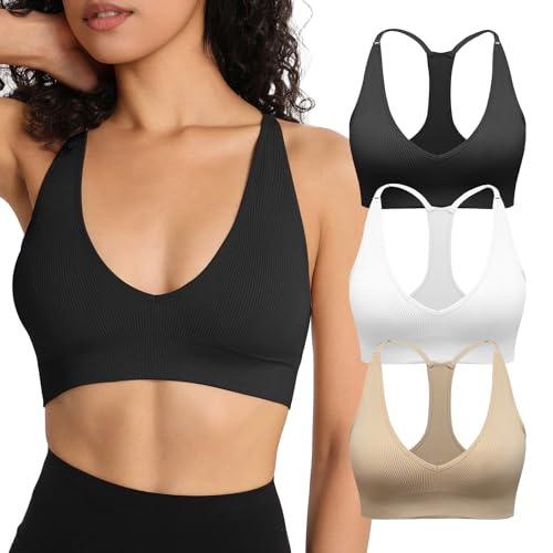 INIBUD Sports Bra for Women Halter V-Neck Racerback Minimizer Padded Bralettes Longline Crop Tops Seamless Workout