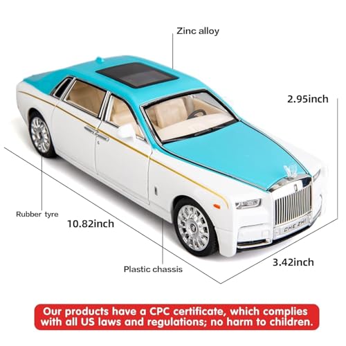 Image of WORSHIPER Model Car Zinc Alloy Pull Back Toy Diecast Toy Cars with Openable Doors, Sound and Light for Kids Boy Girl Gift (1:24 Rolls-RoycePhantom(Blue-White))