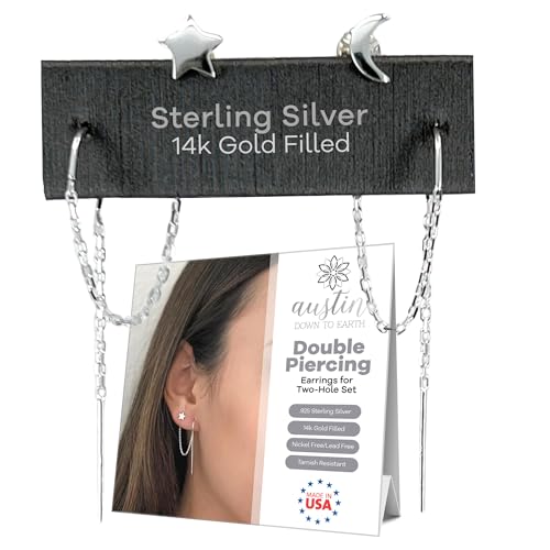 Sterling Silver Moon and Star Earrings Double Piercing Earrings Set Chain Earrings for Women Second Hole Earrings Earring Sets for Multiple Piercing Double Earrings Second Piercing Trendy Jewelry