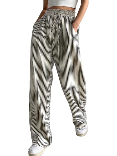 Womens Casual Striped Wide Leg Lounge Pants Drawstring Elastic Waist Loose Trousers with Pocket