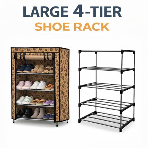 Image of Metal Shoe Stand with Cover, 4 Tier Shoe Organizer for Home & Office - Flower Print