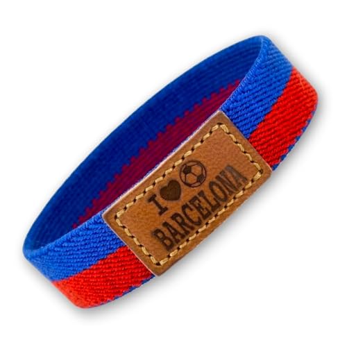 BDM Bracelet et porte-clés Barcelone Azulgrana Football | Tissu élastique avec patch en cuir « I Love Barcelona » | Tailles 16-18 cm et 18-20 cm | Pack ou...