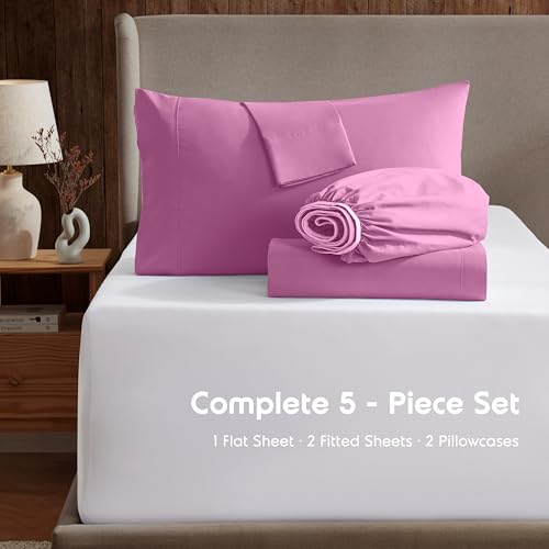 Image of Nestl Split King Bed Sheet Set - Light Pink - 5-Piece Deep Pocket | Instantly Soft, Night-One Ready (No Wash Required). Fits 16-Inch Deep Pockets, 360-Degree Elastic Grip