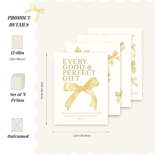Image of LARTSFRO Coquette Yellow Bow Wall Art Decor Posters, Butter Yellow Bow Room Bedroom Bathroom Dorm Wall Art Decor Aesthetic for College Teen Girls Gifts, Inspirational Bible Verses Bow Wall Decor, 12x16 Inch Set of 4 Pcs Bow Pictures (UNFRAMED)