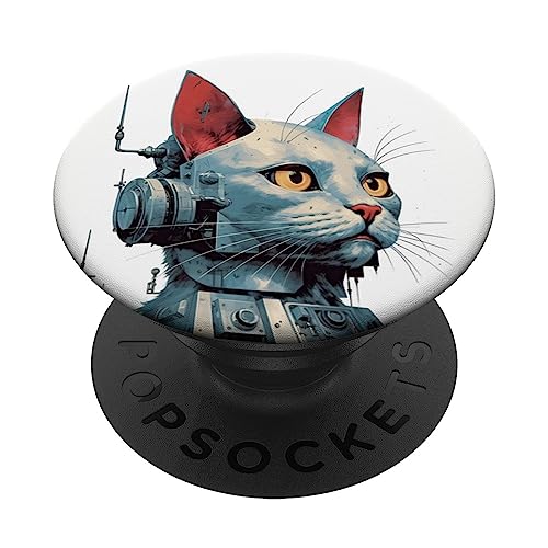 Retro Cyborg Robot Space Cat VI PopSockets Swappable PopGrip, Black