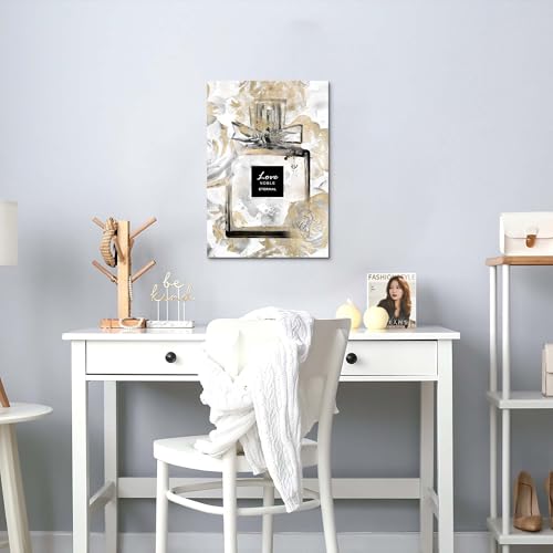 Image of HILL WEST Fashion Glam Wall Art - Perfume Bottle Canvas Picture Elegant Gold Floral Painting Contemporary Prints Modern Artwork for Girls Makeup Room Bedroom