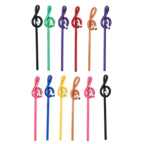 Swiixxer 12 lápices de notas musicales para estudiantes, lápices musicales con goma de borrar, lápices musicales, llaves de violín de madera, lápiz curvado
