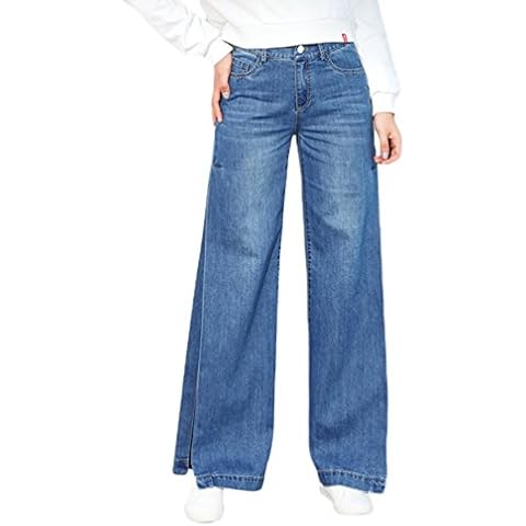 LINNUO Women's Denim Pants Pockets Stretch High Waist Zip Jeans Cropped Wide Leg Trousers Side Split Cover