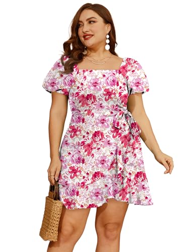 Image of Sampeel Womens Summer Dresses Square Neck Puff Sleeve Tie Waist Short Dress