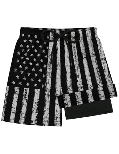 Olreco Boys American Flag Swim Trunks Boys Swim Trunks with Compression Liner Boys 4th of July Swim Trunks Boys Bathing Suit