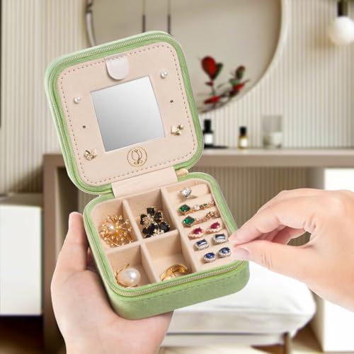 Image of TRODANCE Plush Velvet Travel Jewelry Case Organizer, Small Travel Jewelry Box,Portable Jewelry Box Travel Mini Organizer Portable Display Storage Box For Rings Earrings Necklaces (Grass Green)