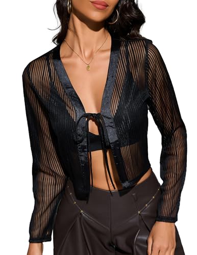 YYA Sheer Striped Long Sleeve Cardigan Sexy Cover Up Shrug for Women Trendy Mesh Overlay Layering Piece S-XXL4