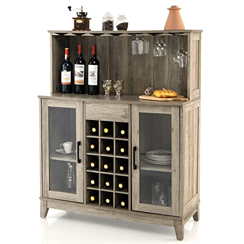 Loko Wine Bar Cabinet, Liquor Cabinet With Removable Wine Rack, Farmhouse Buffet Sideboard Storage Cabinet With Adjustable Shelves & Tempered Glass Doors, 38.5 X 16 X 48.5 Inches (Grey) #TOP22