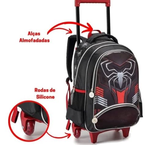 Kit Mochila Homem Aranha Dark Rodinhas - Spider Man Mochila Estojo Lancheira