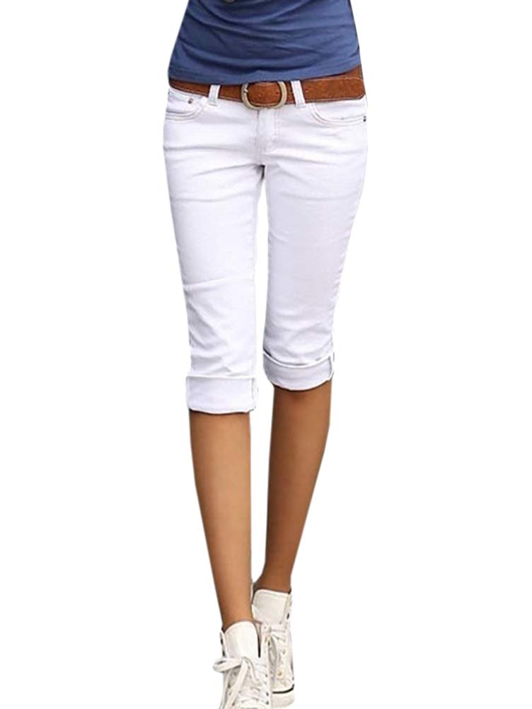 ORANDESIGNE Mujer 3/4 Pantalón Corto Capri Pantalón Bermudas Denim Shorts Vaqueros Flaco Rodilla de Pantalones