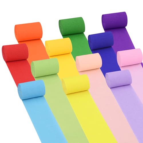 Oubest 12 Rolls Rainbow and Pastel Crepe Paper Streamers Party Decorations 2.2 Inch Wide Colorful Party Streamers for Birthday Baby Shower Wedding Halloween Christmas Decorations DIY Crafts