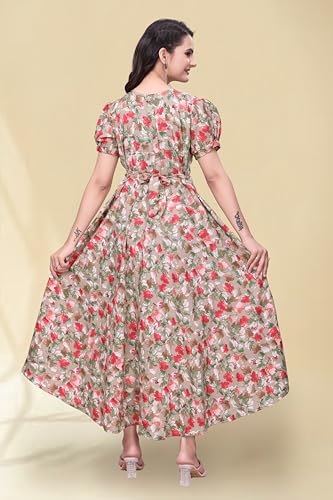 Image of Women's A-Line Crepe Maxi Dress | Stylish Fit and Flare Dress with Round Neck Short Puff Sleeves for Casual Wear