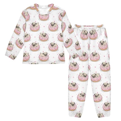 Sinestour Cute Pug Donut Hearts Pattern Fuzzy Fleece Pajamas Set Soft Comfy 2 Piece Winter Loungewear Long Sleeve Sleepwear 7-8Y