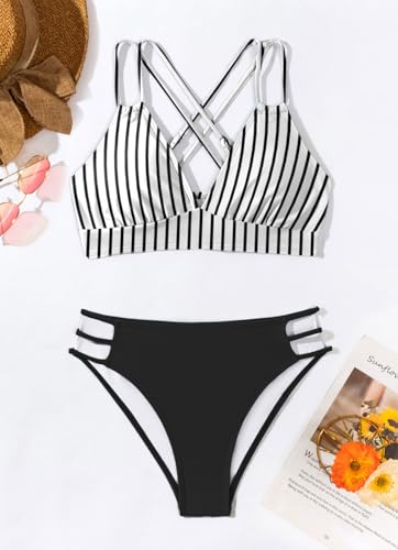 Image of Fanuerg Women's Sexy V Neck Bikini Sets Hollow Out Two Piece Swimsuits Cutout Mid Waist Bathing Suit