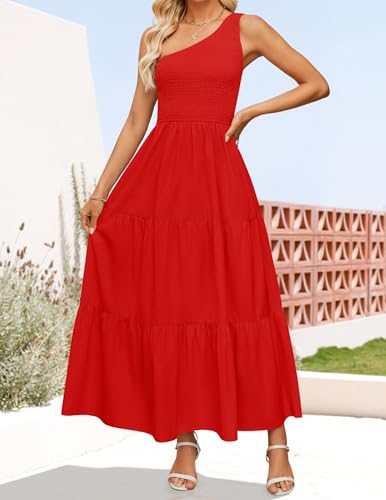 Image of ZESICA Women's 2026 Bohemian Summer Floral Print One Shoulder Sleeveless Smocked Ruffle Tiered Beach Long Midi Dress