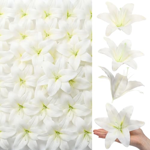 Suncalla 20 Pack Large Artificial Lilies Flower Heads with Realistic Stamens 5.9 Faux Fake Lily Flower Heads Bulk for DIY Crafts Cake Wedding Bridal Wreaths Table Home Party Decor (White)