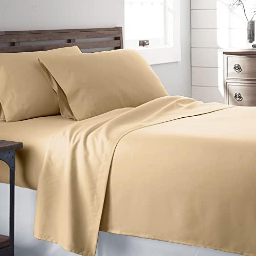 9Threads 400 Thread Count 100% Cotton Sateen Bed Sheets Deep Pocket, Cotton Bedsheets Crisp Cool and Strong Bed Linen (Beige, King)