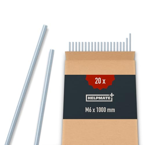 HELPMATE Tige filetée M6 x 1000 mm en acier galvanisé - Lot de 20 tiges filetées métriques entièrement filetées - Vis sans tête classe de résistance 4.8, DIN 976