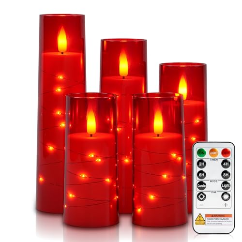 Image of Raycare Flameless Candle with Remote Timer - 5 Flickering Acrylic Battery Operated LED Pillar Candles with Embedded Star String for Halloween, Home Decor, and as a Gift(Red)