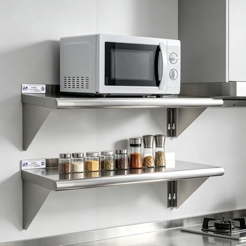 Image of Hally Stainless Steel Shelf Wall Mounted Metal Shelf Wall Shelf 12 x 24 NSF Heavy Duty 230 lb Capacity, Commercial Wall Mounted Storage Rack for Kitchen, Garage, Laundry Room 2 Pack