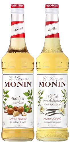 MONIN - Assortiment Sirop de Vanille de Madagascar et Sirop Saveur Noisette - Pour Café, Chocolat Chaud, Capuccino ou Latte - Arômes Naturels - Bouteille en Verre - 2 x 70 cl