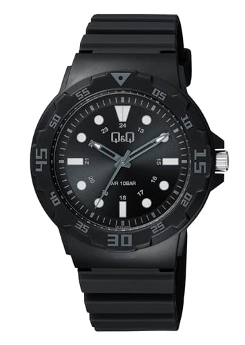 Image of Q&Q Men's Black Sunburst Dial Analog Sports Watch | Grey Markers, 100M Water Resistant, Resin Strap - VR18J011Y