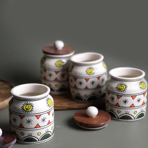 Image of Ceramic Jar & Container for Kitchen Storage Set | Multi Utility Air Tight Kitchen Organizer Items | Tea Coffee Sugar Containers with Wooden Lids (Hand-Painted, 450 ML, Pack of 4)