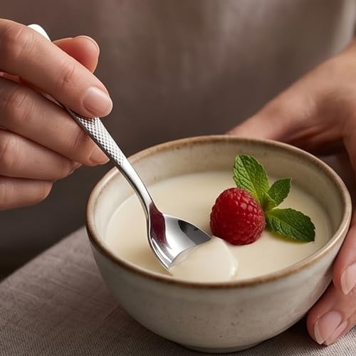Image of Sterling Silver French Style Silverware | 5-Piece Hammered Dessert Spoon Set | Premium 18 /10 Stainless Steel Flatware | Elegant Cutlery for Home, Restaurants & Gifting