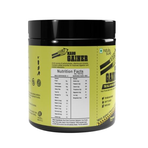 Nature Sure Double Mass Chocolate Flavored Mass Gainer with Whey Protein and Enzymes, Free Scoop Inside - 1 Pack (250 Grams)