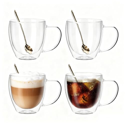 OPTVTAVITA Juego de 4 tazas de café de vidrio de doble pared de 250 ml con asas, tazas de café transparentes para espresso, latte, capuchino, vino, bolsa de té, bebidas calientes o frías
