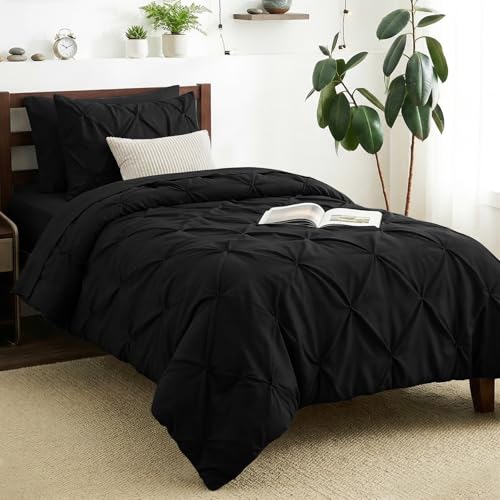 CozyLux Twin XL Comforter Set Black, 5 Pieces Twin Extra Long Pintuck Bed in A Bag for College Dorm, Pinch Pleat Bedding Set with Comforter, Sheets, Pillowcase & Sham