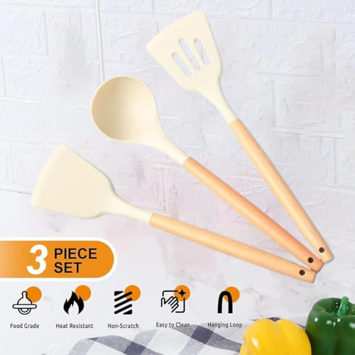 Image of Silicone Spatula Set of 3 - Wooden Handle Kitchen Tools (Red, White,Black,Blue, Green) - Heat Resistant, Non-Stick, Cooking & Mixing Spatulas for Non-Stick Pans (White)