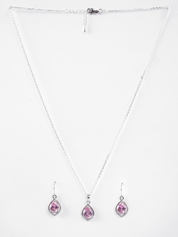 Image of Clara 925 Silver Jino Pink Solitaire Pendant Earrings Chain Ring for Women | Gift for Girl Girlfriend Wife | Rakhi Rakshabandhan Gift for Sister Bhabhi |Platinum Plated | Swiss Zirconia | Jewellery Set