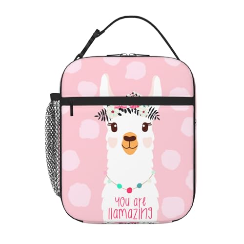 HKHEHOP Cute Llama Girly Pink Alpaca Lunch Bag Insulated Reusable Lunch Box Lunch Tote Lunchbox Portable Bento Bags For Men Women Office Work Travel...