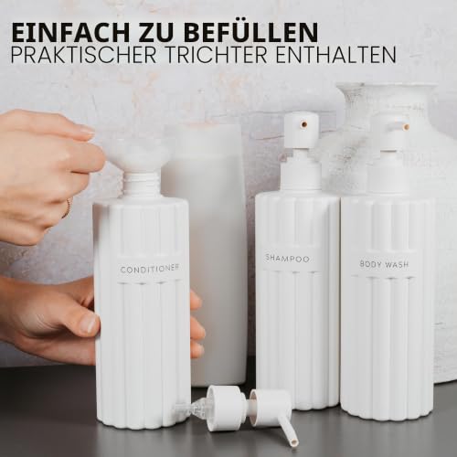 Stilvoller Shampoo- und Spülungsspender-Set mit 3 Stück – Moderne Duschseifenflaschen mit Pumpe und Etiketten – einfach zu befüllender Duschwaschspender für EIN sofortiges Badezimmer-Dekor-Upgrade