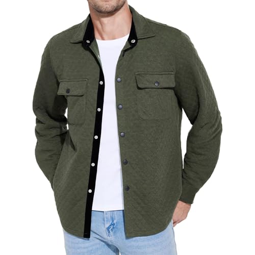 Ymosrh Man Casual Quilted Shirt Jacket Long Sleeve Button Down Overshirt Lightweight Shacket with Pockets Casual Jackets for Men Fashion Light Winter Jackets Clothes (XL, Army Green)