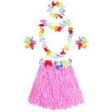 Hawaii Outfit Damen,Hawaiian Hula Set,Hawaii Mottoparty Kostüme Set Rock,Hawaiian Party Kostüm,Hawaii Gras Röcke mit Halskette Armbänder Haarblume Grasröcke für Tropical Luau Party Supplies (Rosa)
