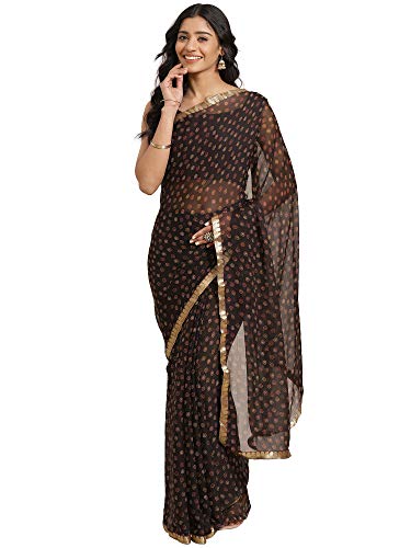 Image of AKHILAM Women's Lace Border Polka Dot Chiffon Saree with Unstitched Blouse Piece(Brown 2QEN1610 M)
