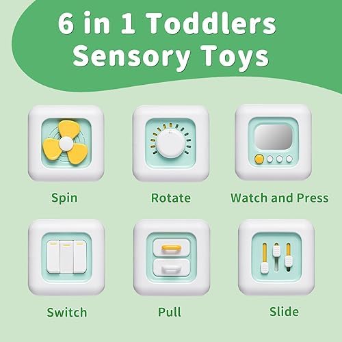 Image of Brand Conquer Montessori Busy Cube for Toddlers 1-3,Car Travel Toys Busy Board Activity Cube,Learning Stocking Stuffers Educational Birthday Gifts Baby 12-18 Months (Fan Learning 6 in 1 Light Geen)