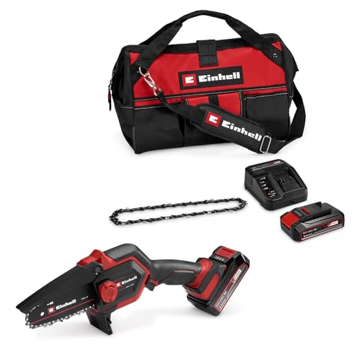 Einhell Tronçonneuse à chaîne sans fil GE-PS 18/15 Li Bag Kit Power X-Change (18 V, Brushless, longueur de coupe 12,5 cm, avec batterie 2,5 Ah, chargeur, chaîne de rechange, sac Einhell 45/29)
