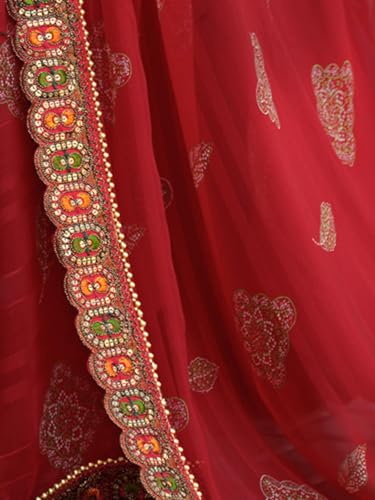 Image of Satrani Women's Georgette Bandhani Printed Sequence Lace Work Scalloped Border Saree with Unstitched Blouse Piece